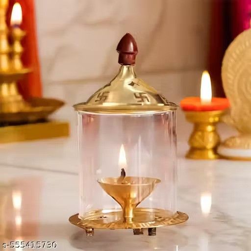 Brass and Glass Akhand Deep Diya with Cover for Puja | Deepam Jyot Diya Oil Lamp